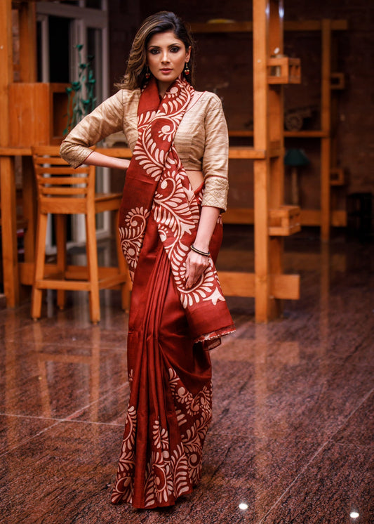 Dark brown pure silk Blouse with hand batik alpana design