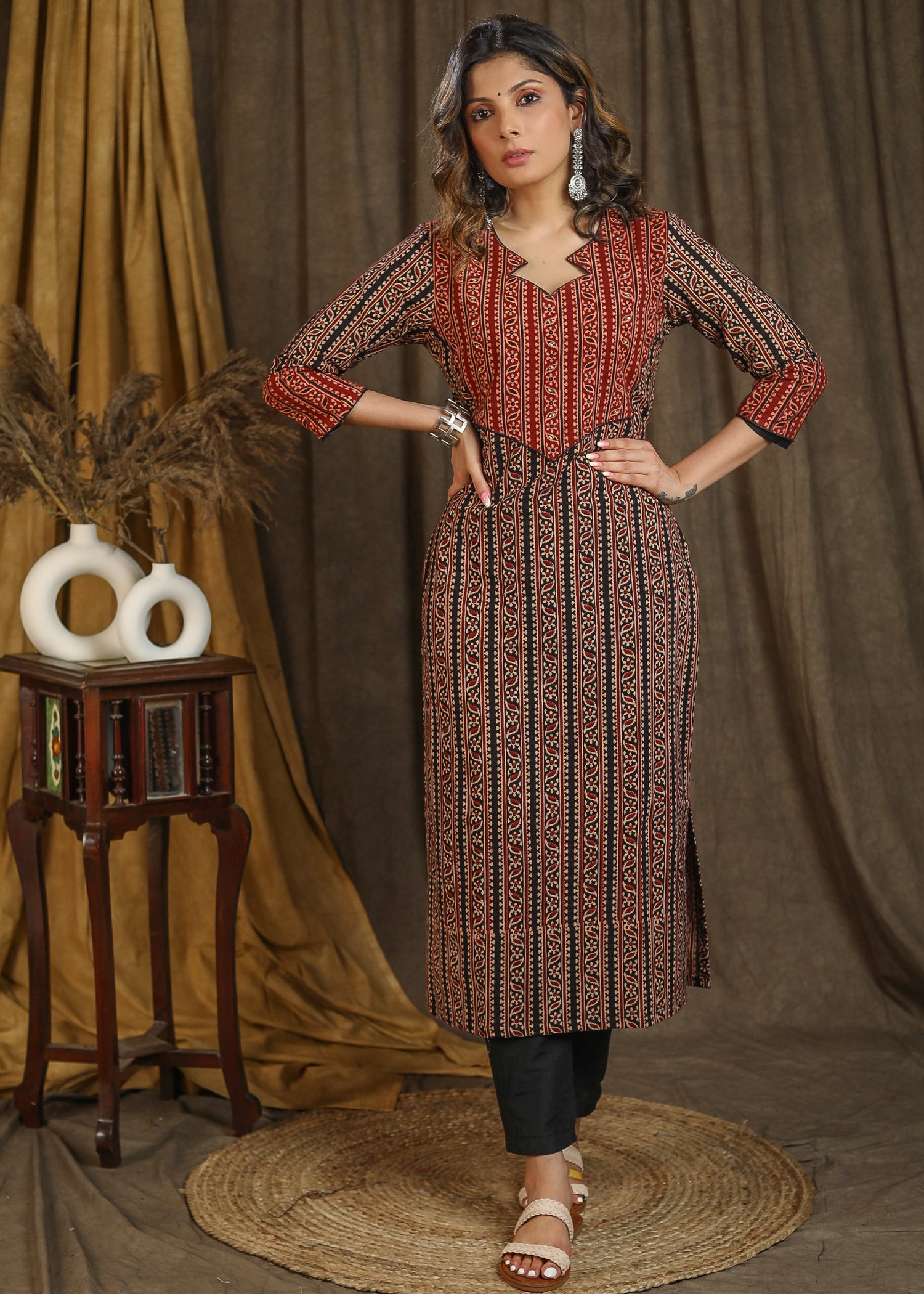 Elegant Black and Maroon Striped Cotton Ajrakh Combination Straight Cut Kurta with Stone Work On Yoke