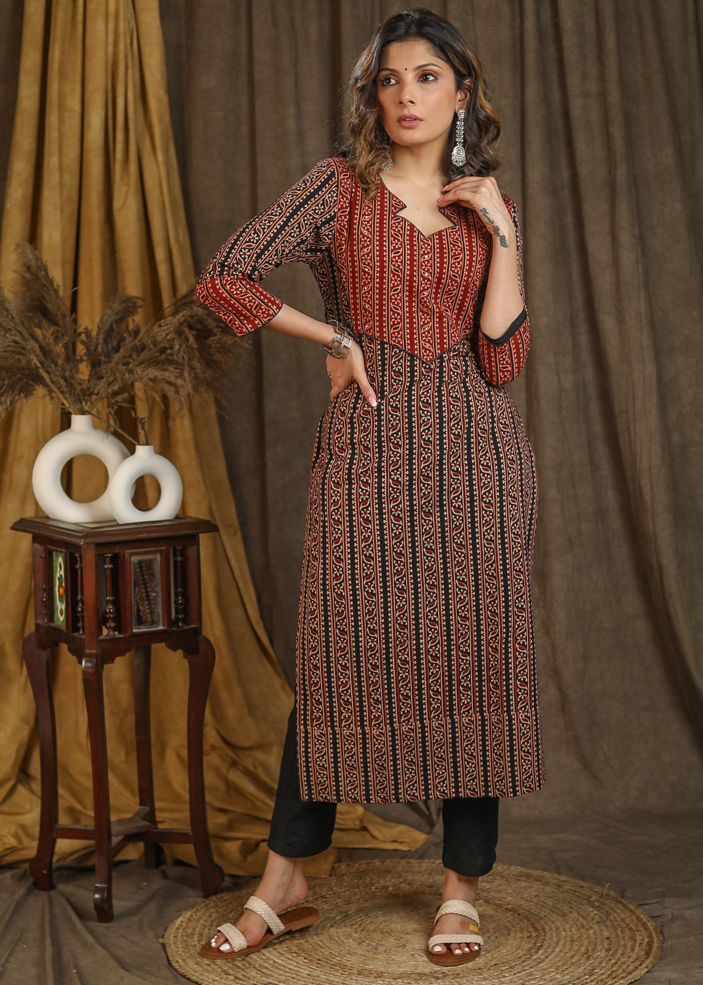 Elegant Black and Maroon Striped Cotton Ajrakh Combination Straight Cut Kurta with Stone Work On Yoke