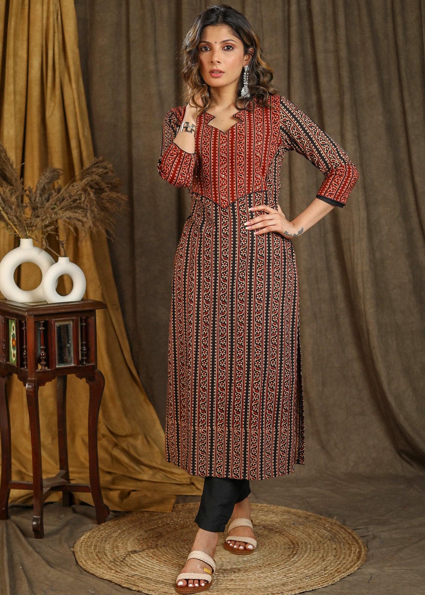 Elegant Black and Maroon Striped Cotton Ajrakh Combination Straight Cut Kurta with Stone Work On Yoke