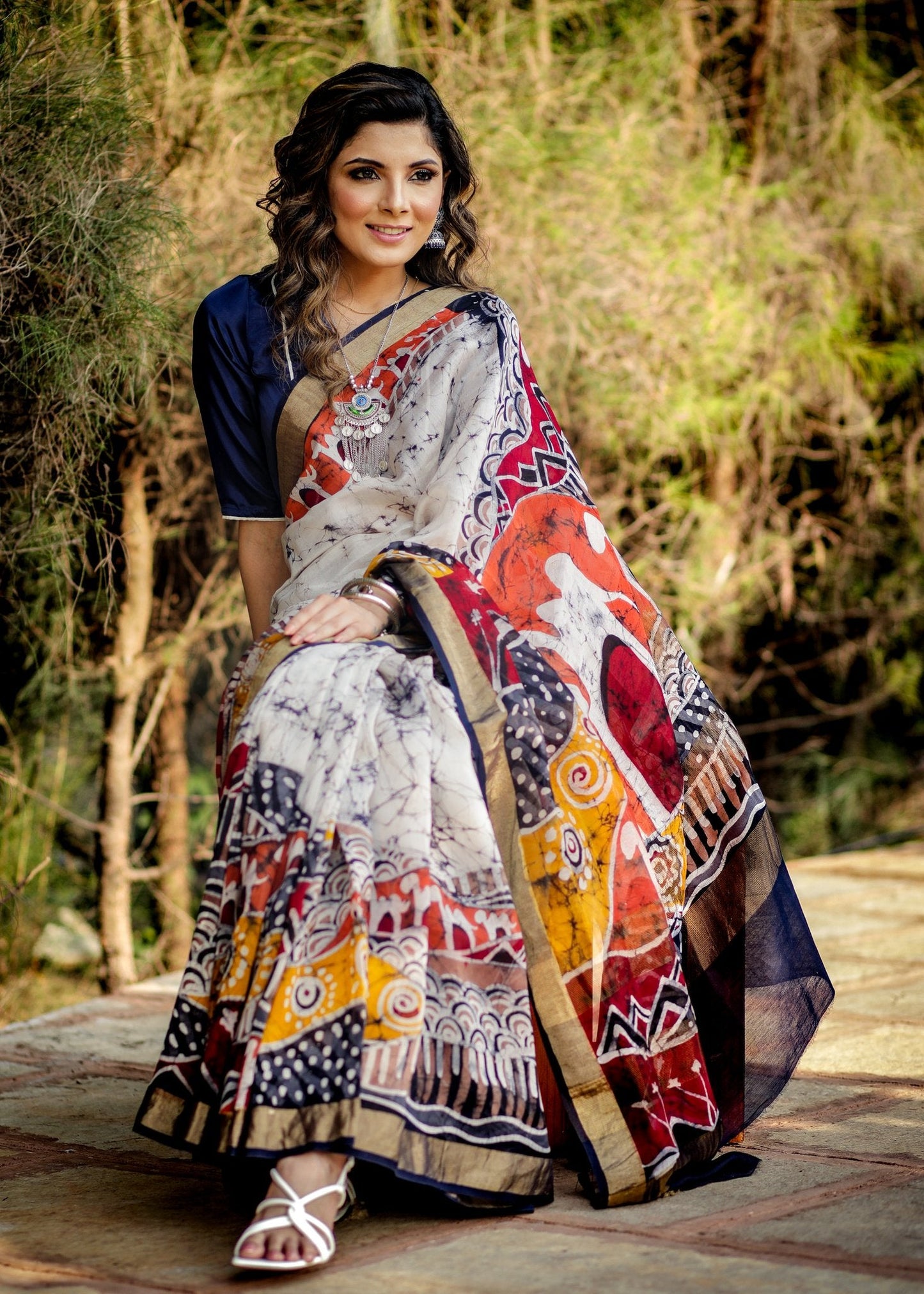 Exclusive hand batik pure chanderi saree with abstract designs