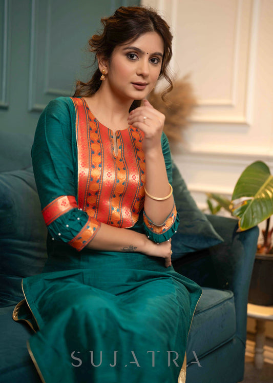 Beautiful Teal Cotton Silk Kurta With Brocade Yoke And Pant  - Dupatta Optional