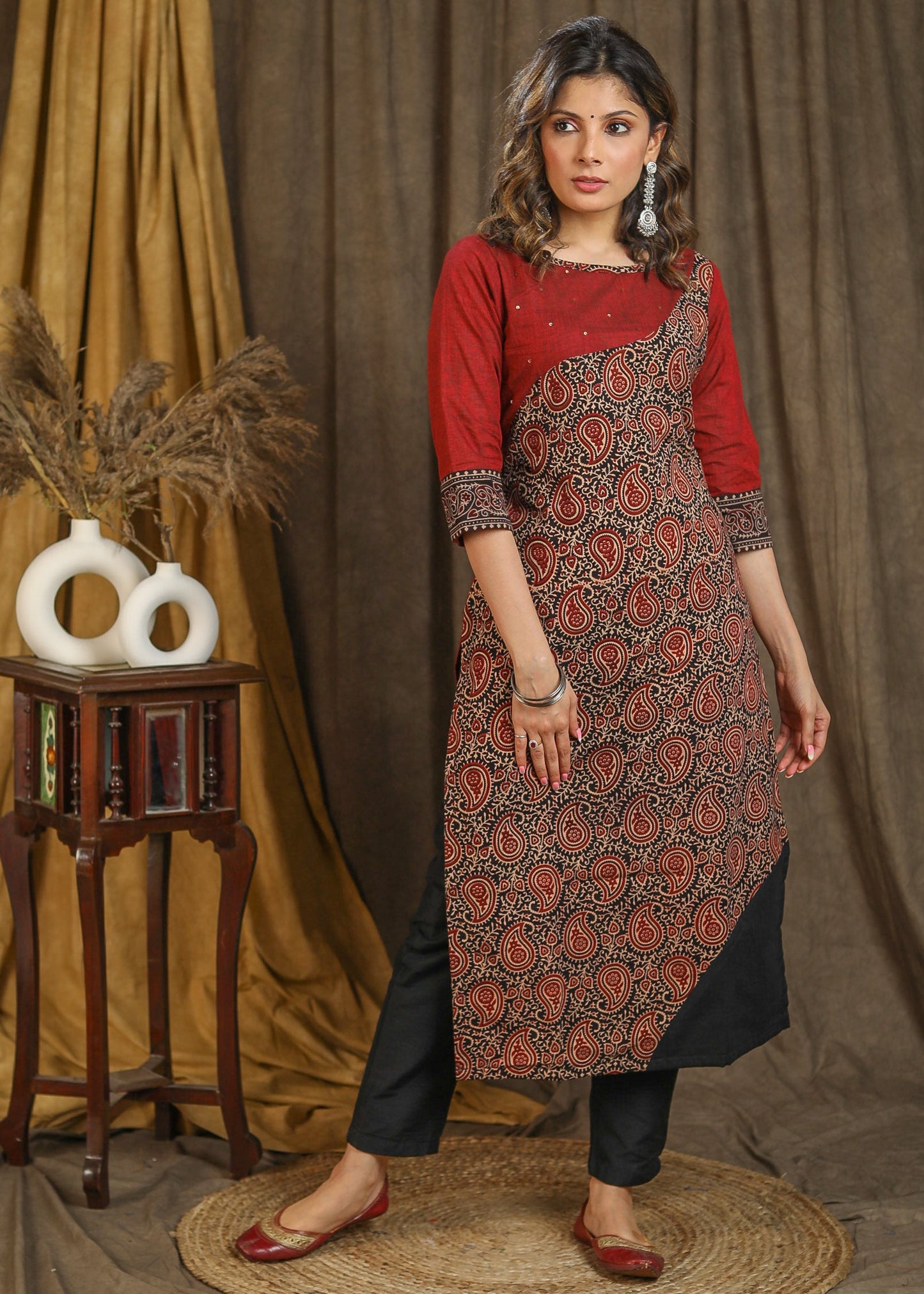 Straight Cut Cotton and Ajrakh Combination Kurta with Beautiful Sequence Work - Pant Optional