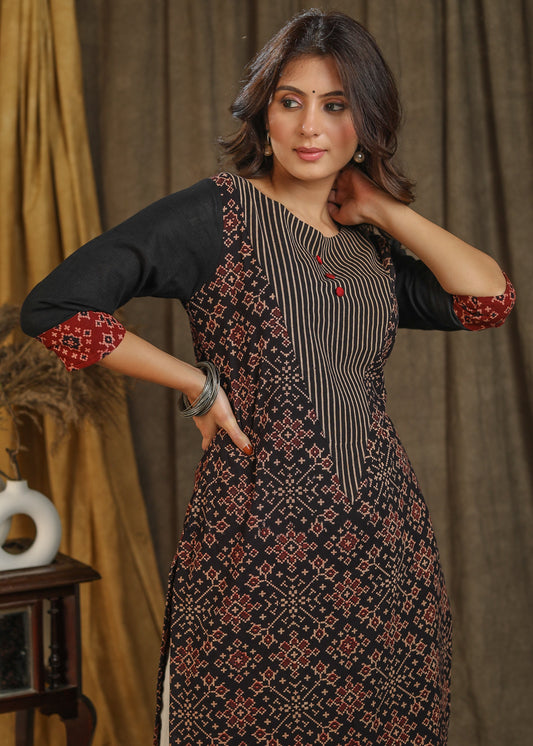 Trendy Geometry Print Cotton Ajrakh Combination Straight Cut Kurta - Pant Optional