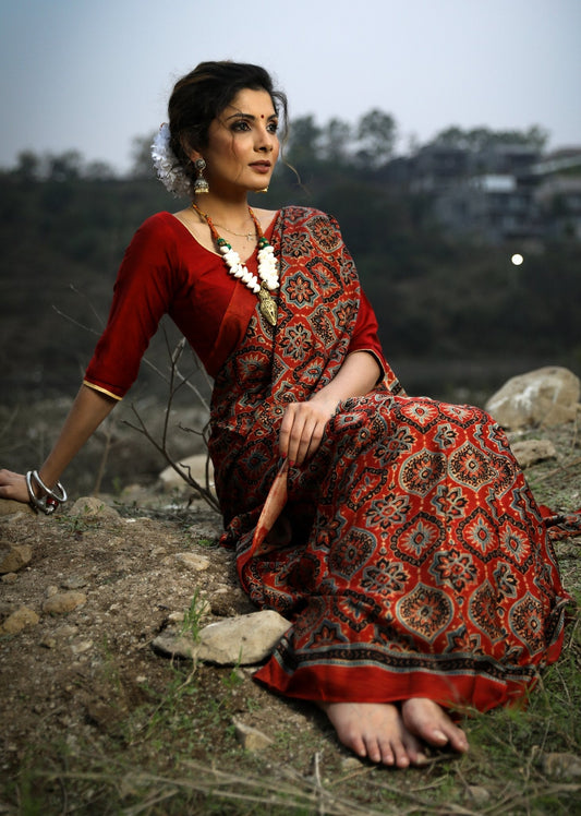 Exclusive pure modal silk Ajrakh hand block printed maroon blouse