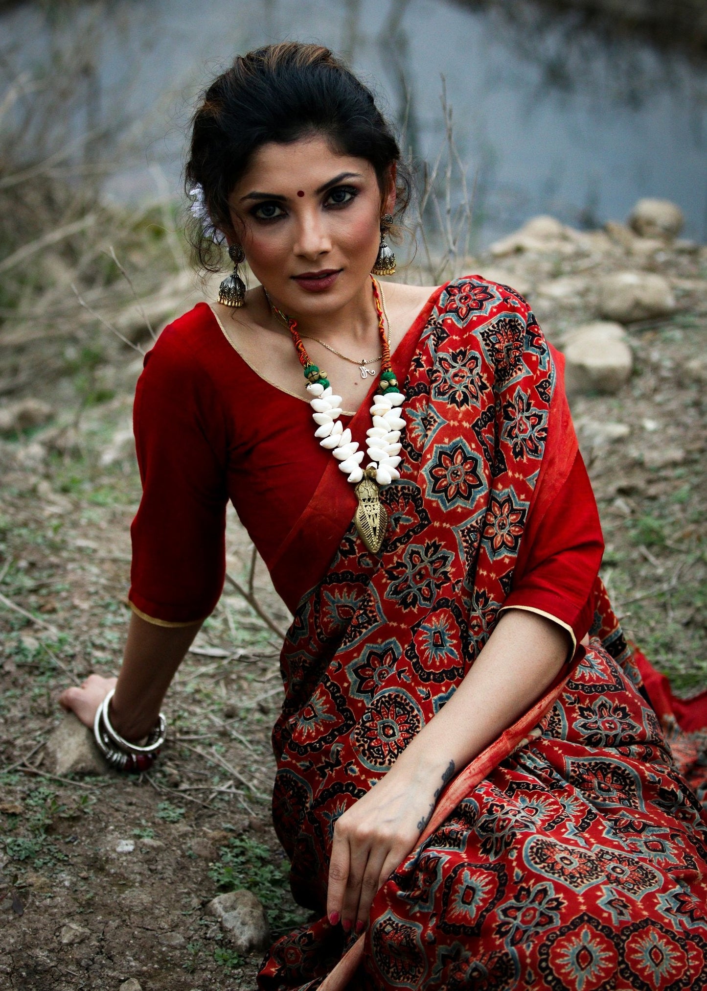 Exclusive pure modal silk Ajrakh hand block printed maroon blouse