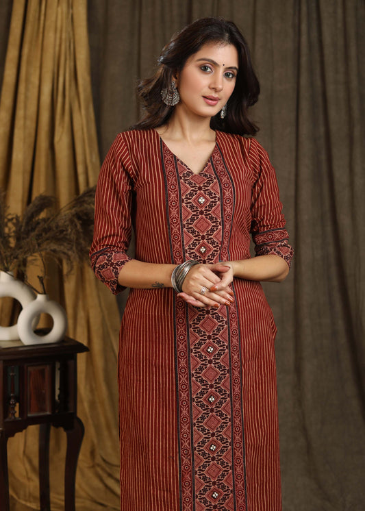 Elegant V Neckline Cotton Ajrakh Combination Straight Cut Kurta with Wooden Buttons - Pant Optional