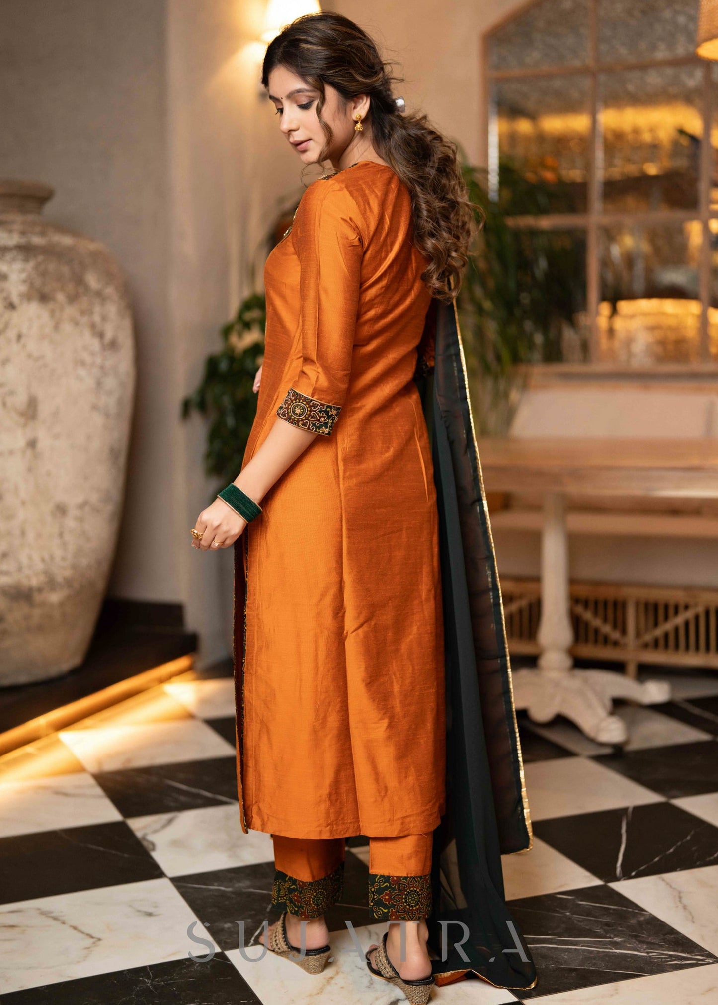 Hand Embroidered Rust Cotton Silk Kurta With Pant  -  Dupatta Optional