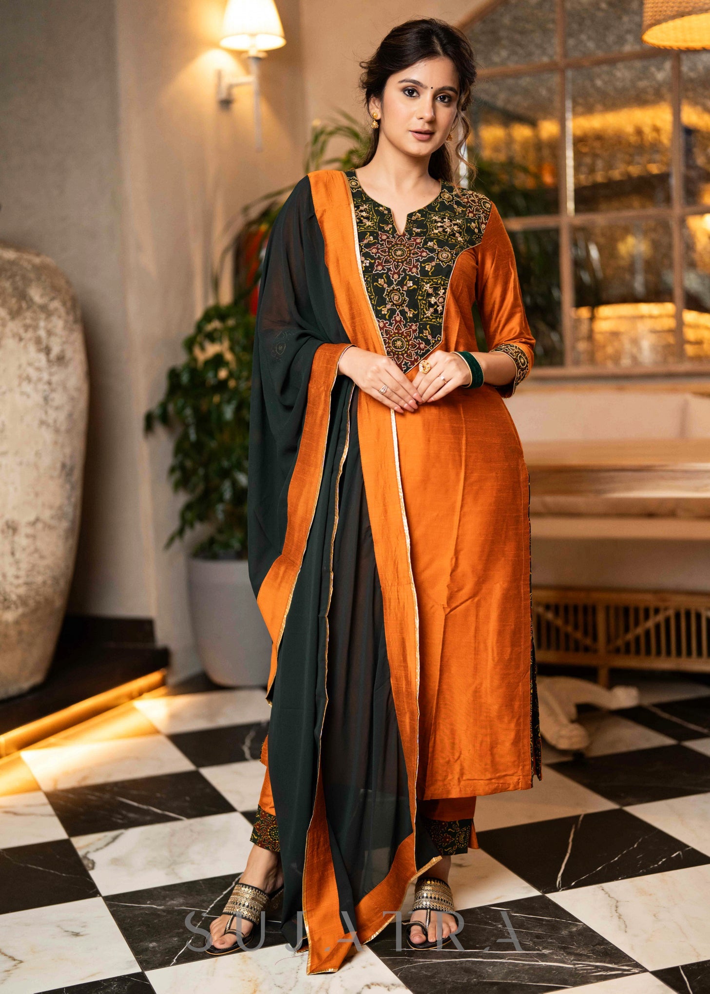 Hand Embroidered Rust Cotton Silk Kurta With Pant  -  Dupatta Optional