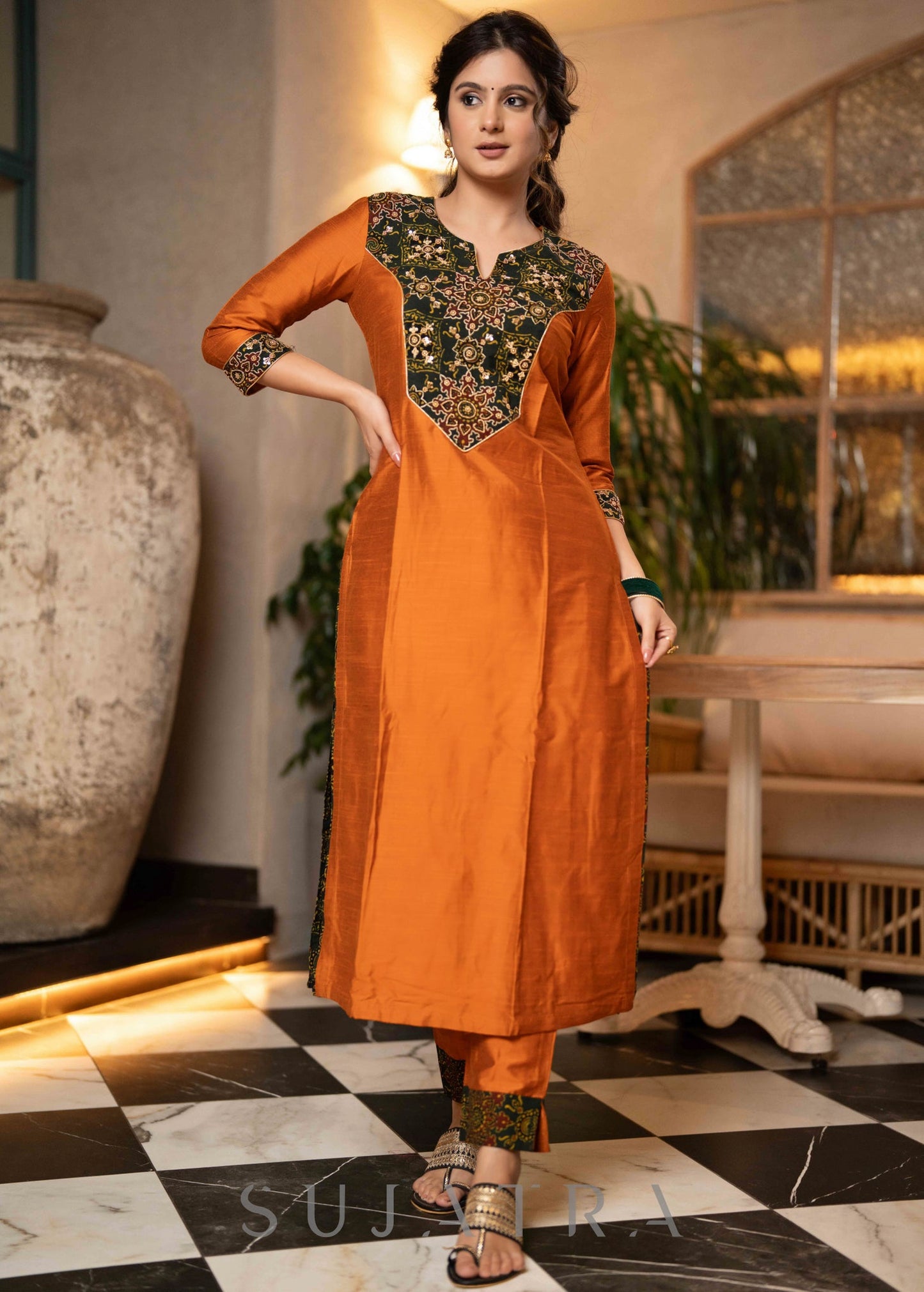 Hand Embroidered Rust Cotton Silk Kurta With Pant  -  Dupatta Optional