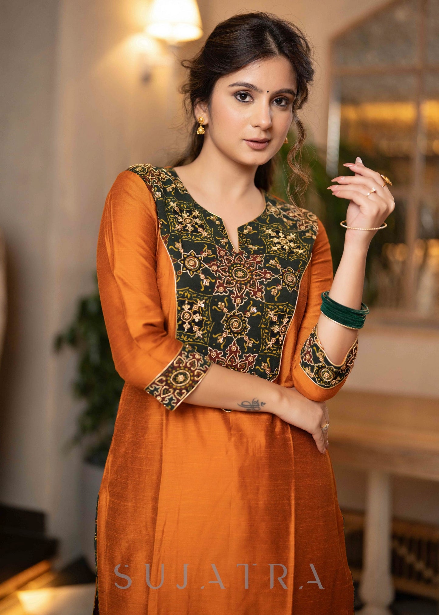 Hand Embroidered Rust Cotton Silk Kurta With Pant  -  Dupatta Optional