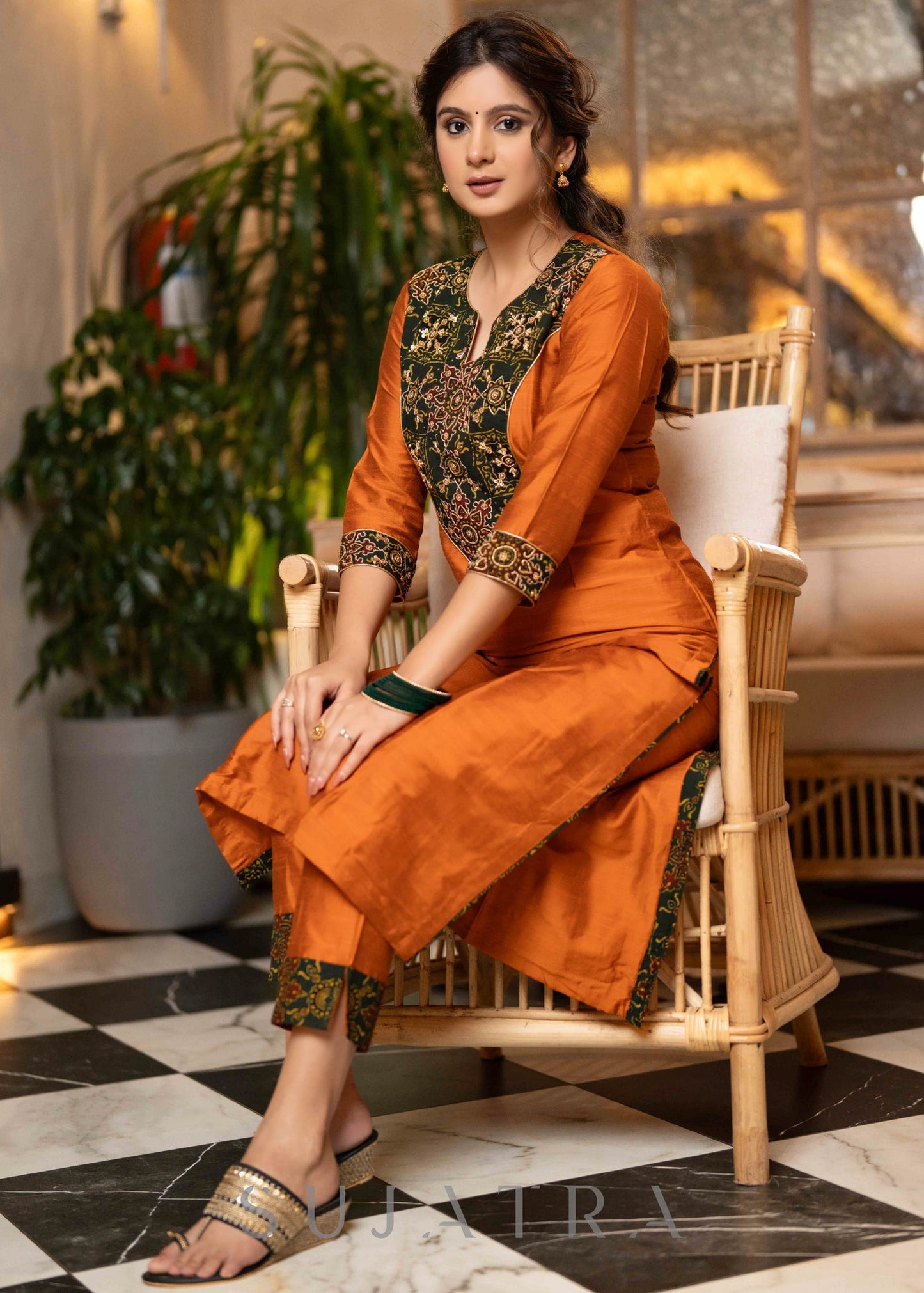 Hand Embroidered Rust Cotton Silk Kurta With Pant  -  Dupatta Optional