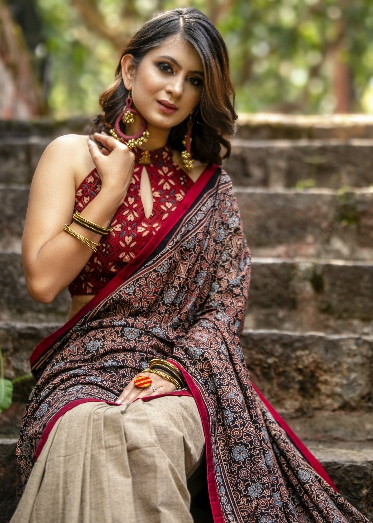 Exclusive block printed Ajrakh & beige handloom cotton combination saree