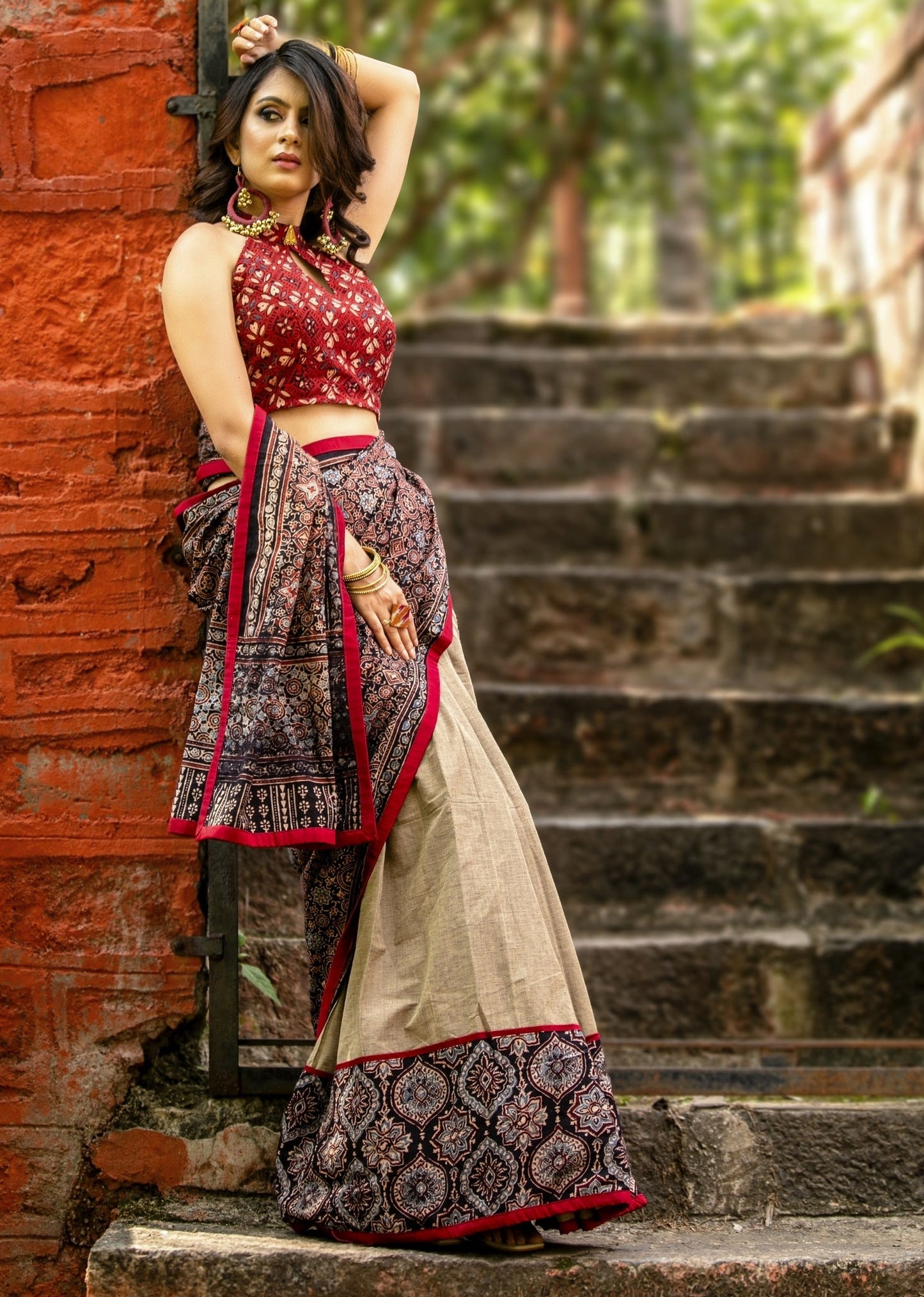 Exclusive block printed Ajrakh & beige handloom cotton combination saree