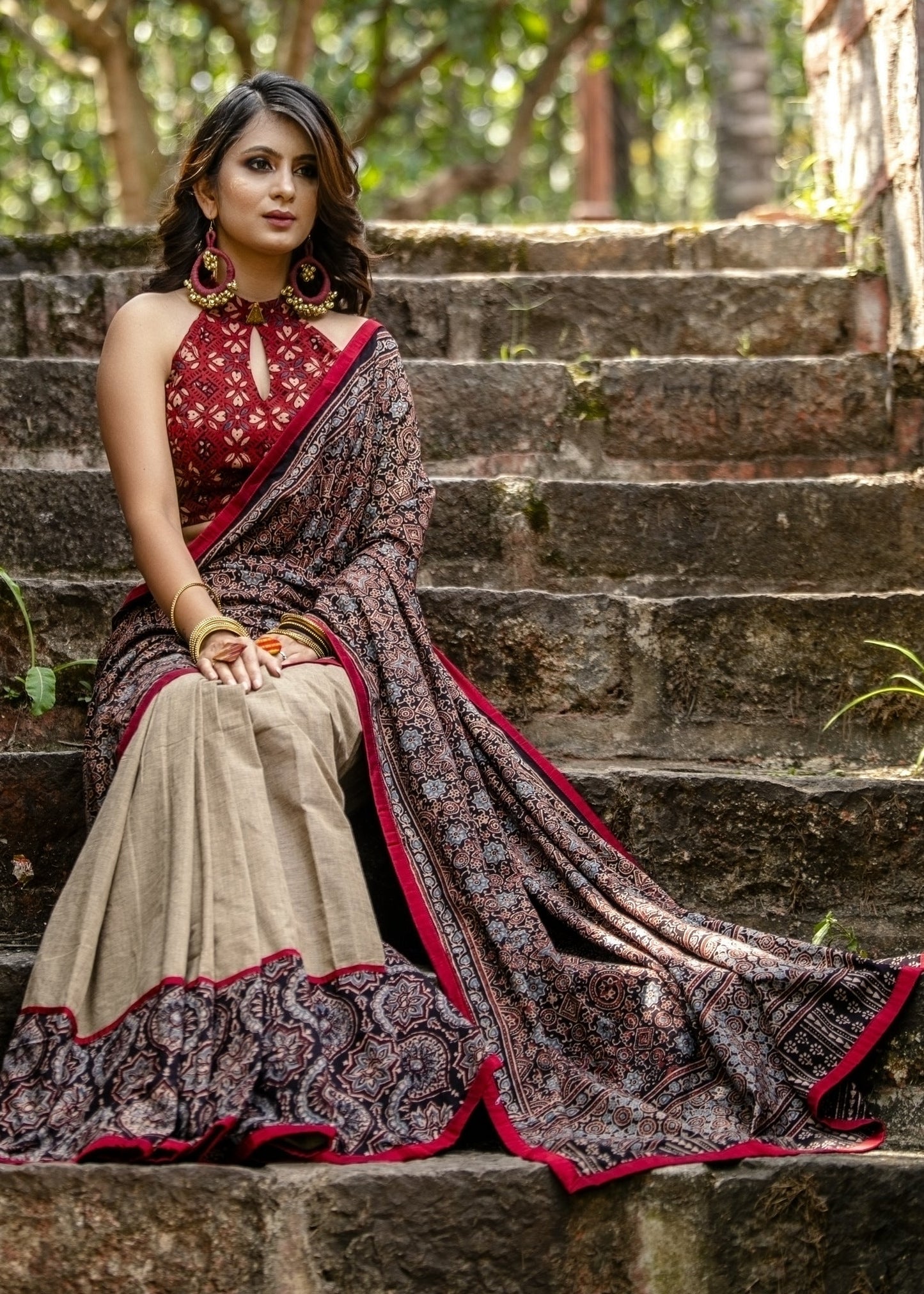 Exclusive block printed Ajrakh & beige handloom cotton combination saree