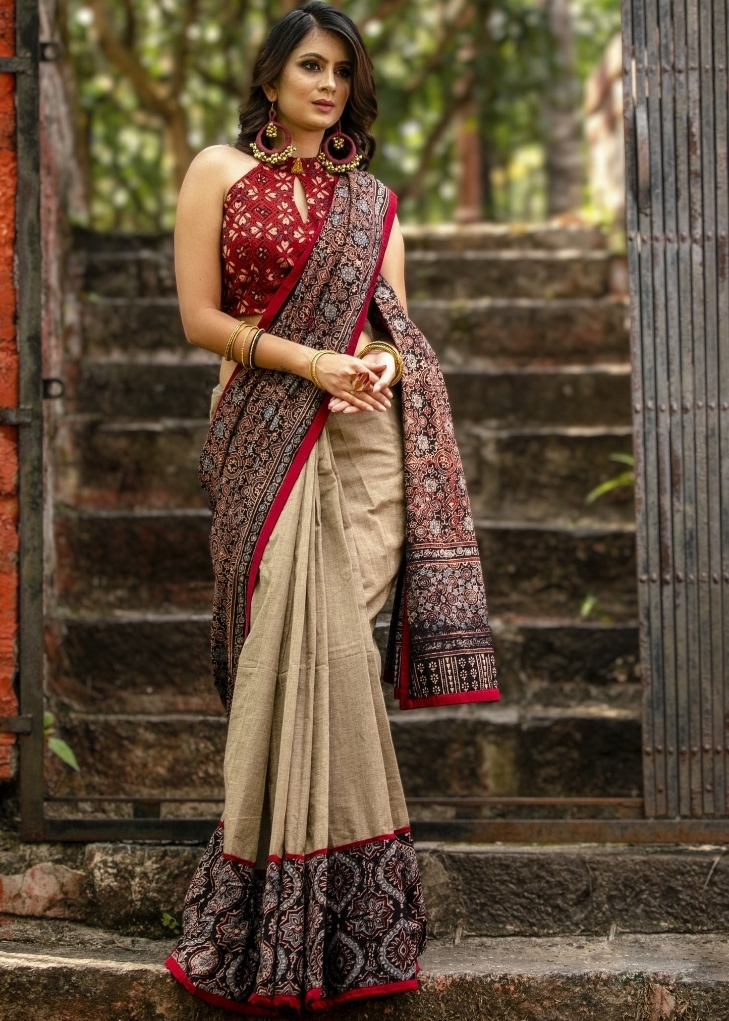 Exclusive block printed Ajrakh & beige handloom cotton combination saree