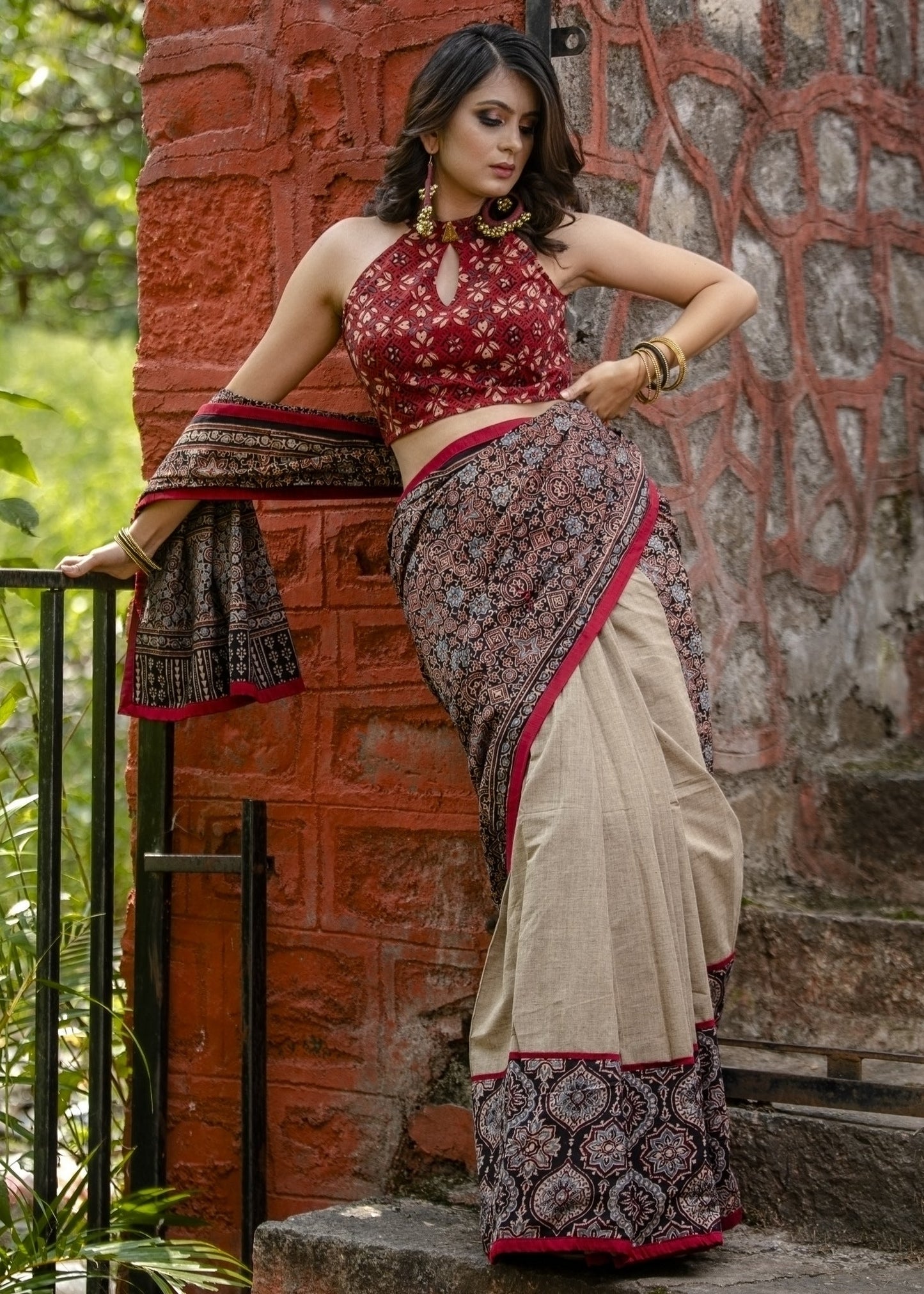 Exclusive block printed Ajrakh & beige handloom cotton combination saree