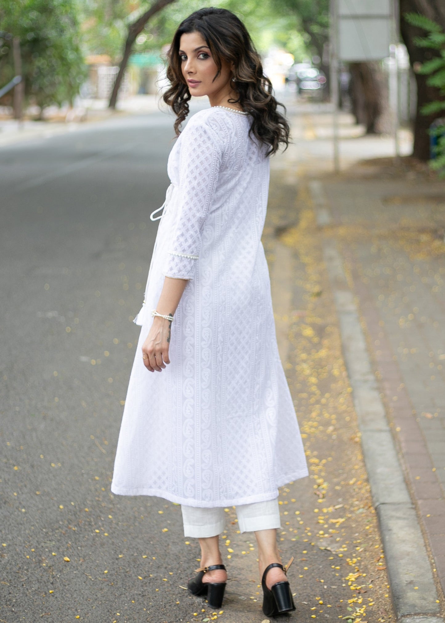 A Line White Chikankari with Gold with Gold Cording Allover -Pant Optional