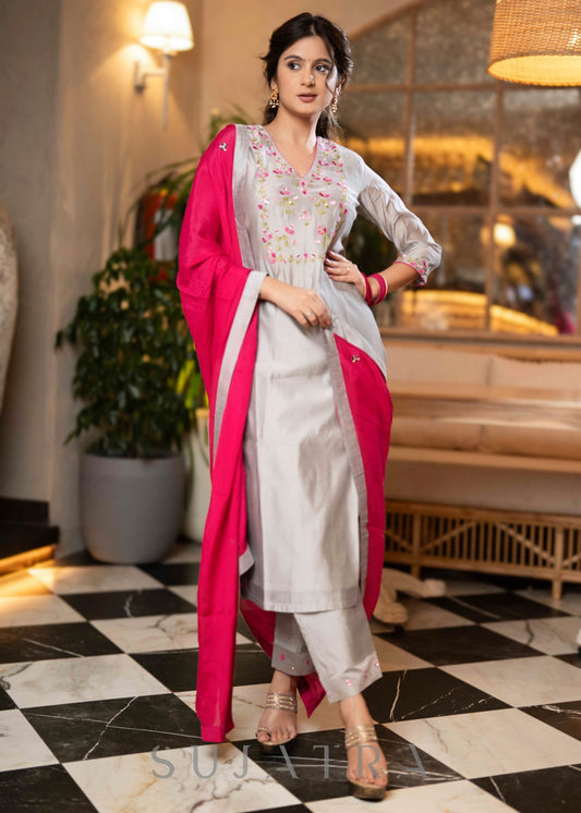 Beautiful Hand Embroidered Grey Chanderi Kurta With Matching Pant  - Dupatta Optional