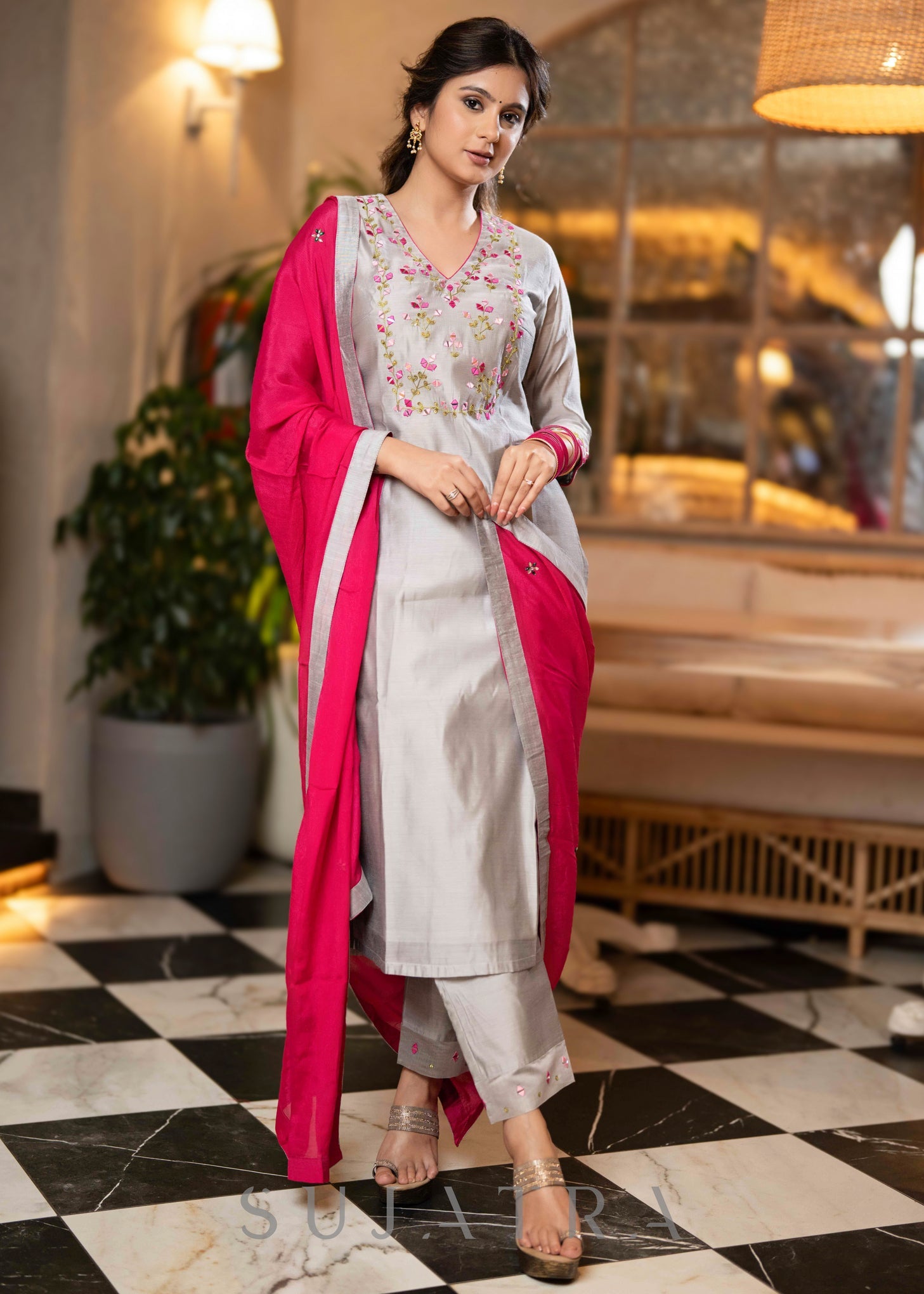 Beautiful Hand Embroidered Grey Chanderi Kurta With Matching Pant  - Dupatta Optional