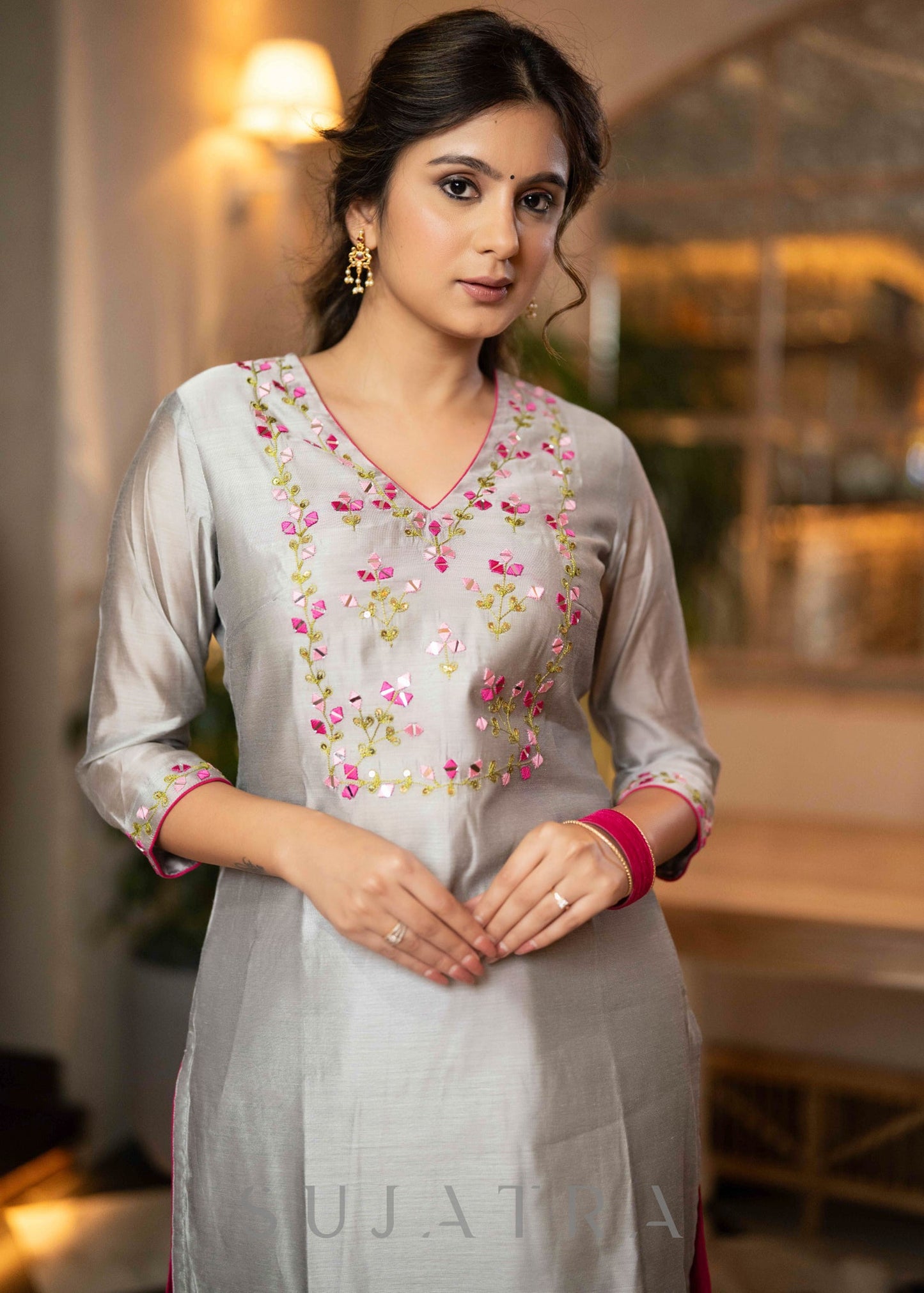 Beautiful Hand Embroidered Grey Chanderi Kurta With Matching Pant  - Dupatta Optional