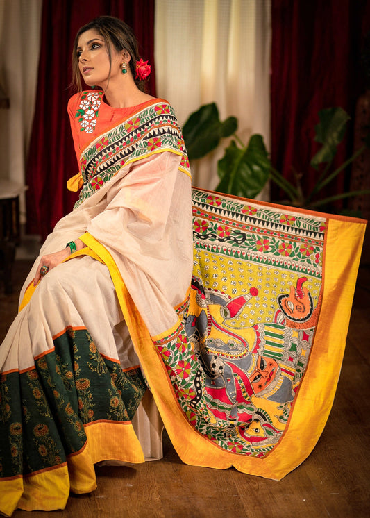 Beige chanderi saree with hand painted madhubani pallu and ajrakh pleats