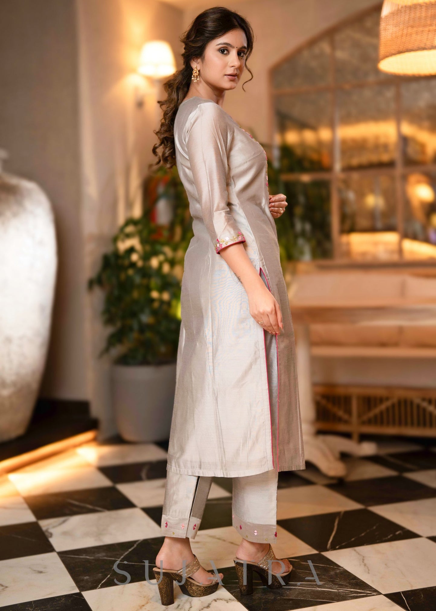 Beautiful Hand Embroidered Grey Chanderi Kurta With Matching Pant  - Dupatta Optional