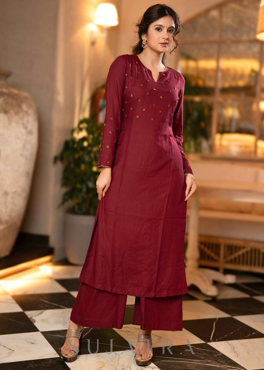 Hand Embroidered Rayon Wine Kurta - Pant Optional