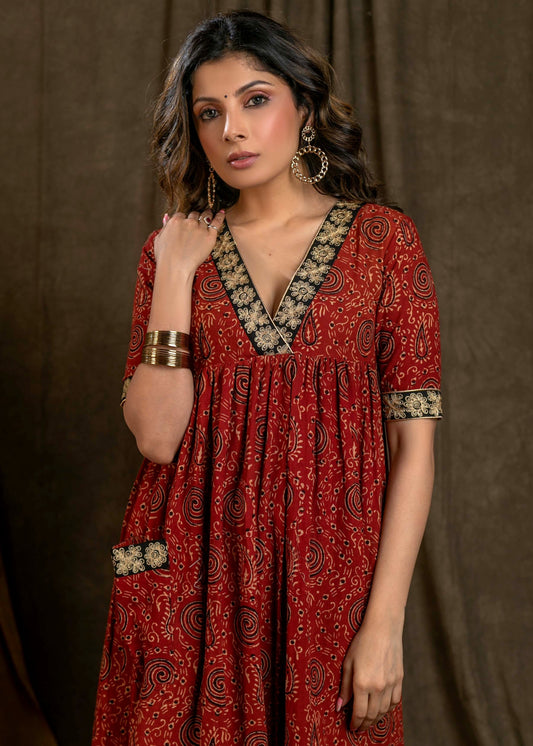 Beautiful Cotton Ajrakh A-Line Kurta / One Piece Dress with Contrast Embroidery On Neckline, Sleeves, and Side Pocket