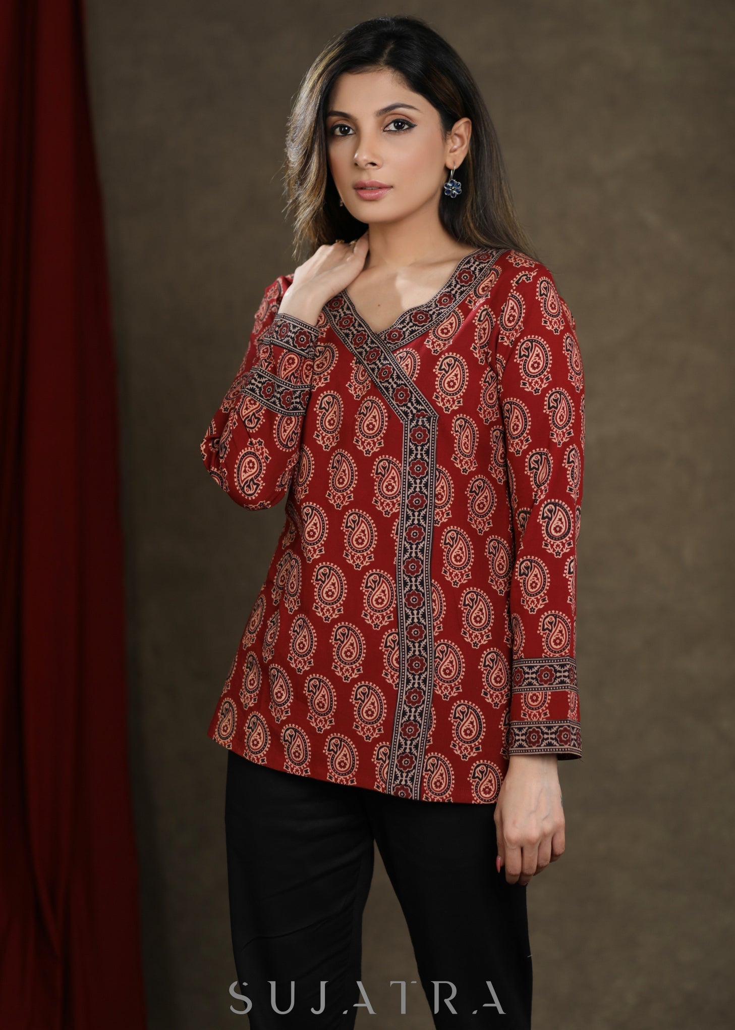 Maroon Ajrakh Combination Cotton Top