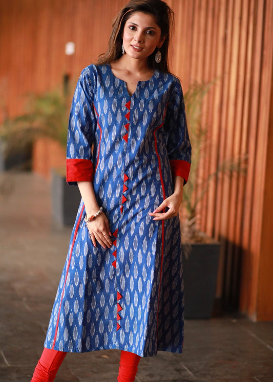 A-line Cotton Ikat kurta with contrasting red cotton silk combination