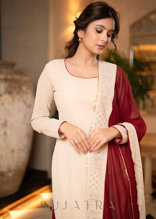 Beautiful Beige Chikankari Kurta With Maroon Georgette Palazzo -  Dupatta Optional