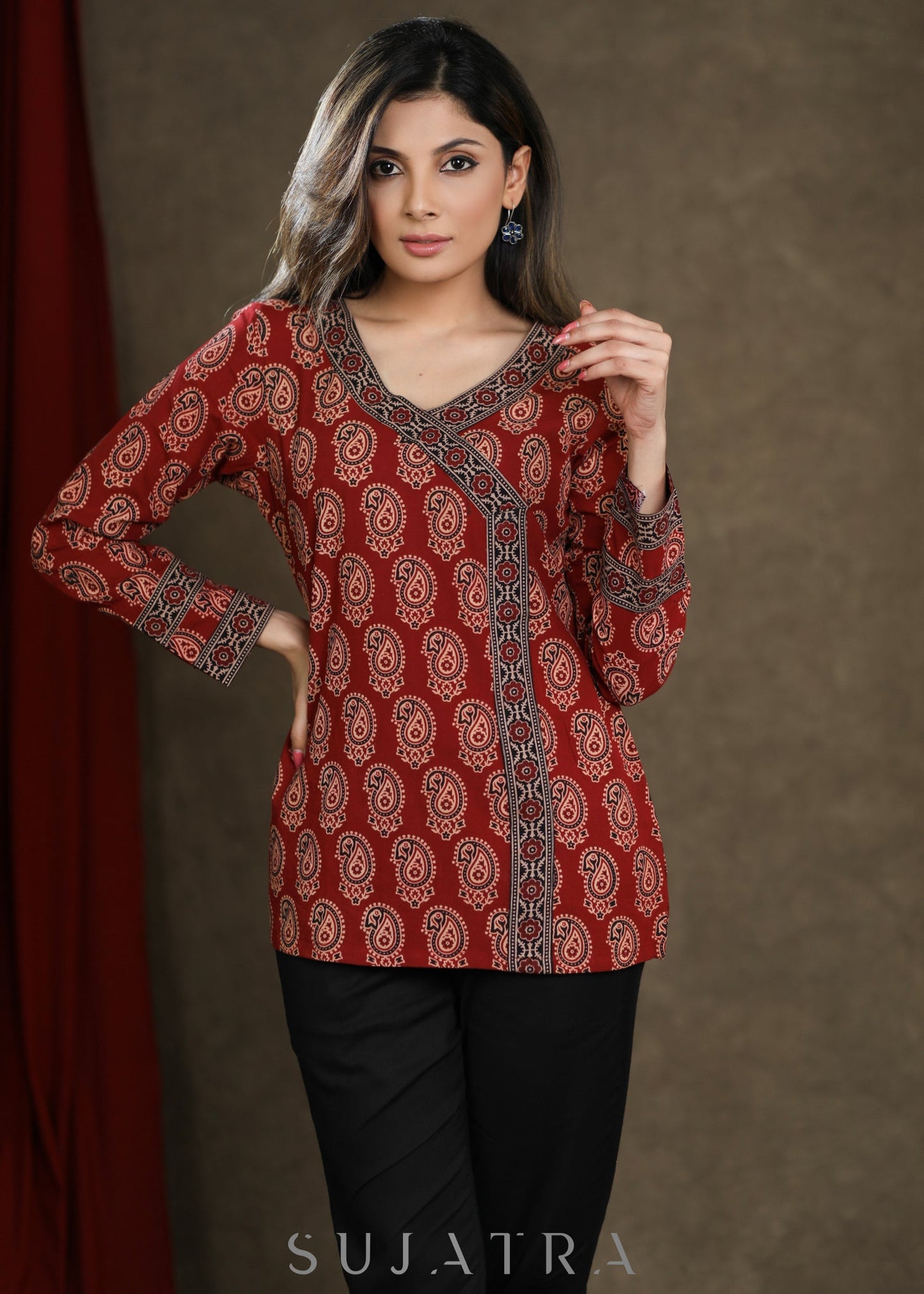 Maroon Ajrakh Combination Cotton Top