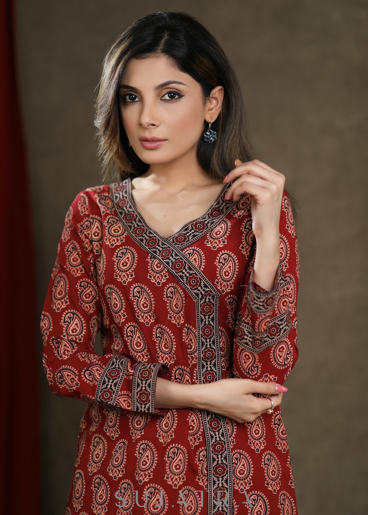 Maroon Ajrakh Combination Cotton Top