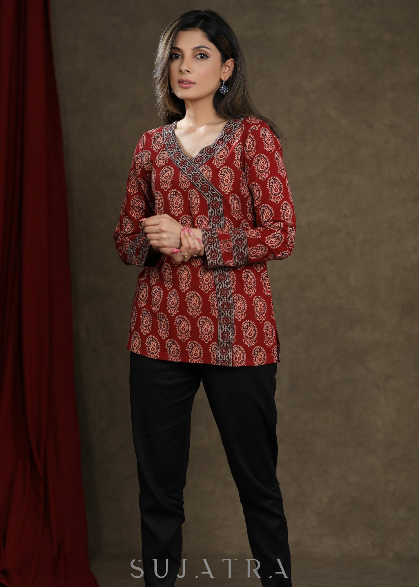 Maroon Ajrakh Combination Cotton Top