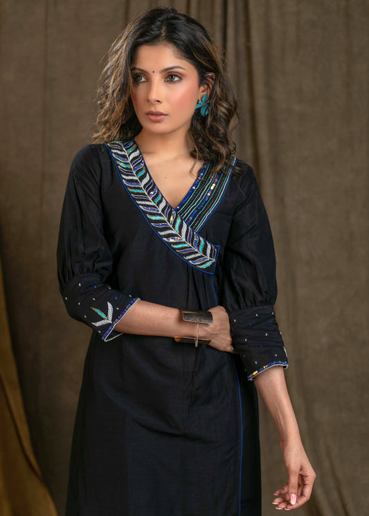 Exclusive Black Cotton Silk Kurta with Classy Hand Embroidery On Neckline and Sleeves and Designer Sleeves - Pant Optional