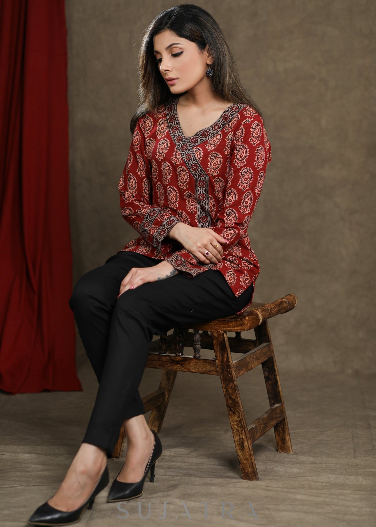 Maroon Ajrakh Combination Cotton Top