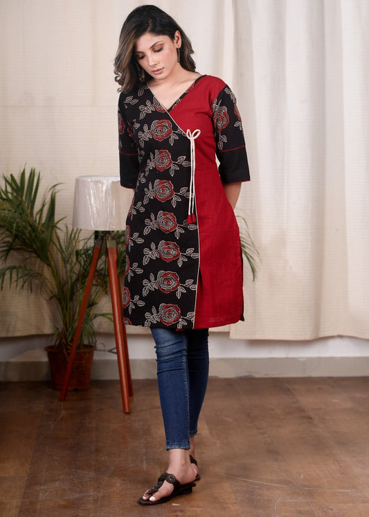 Exclusive floral Ajrakh overlap cotton tunic