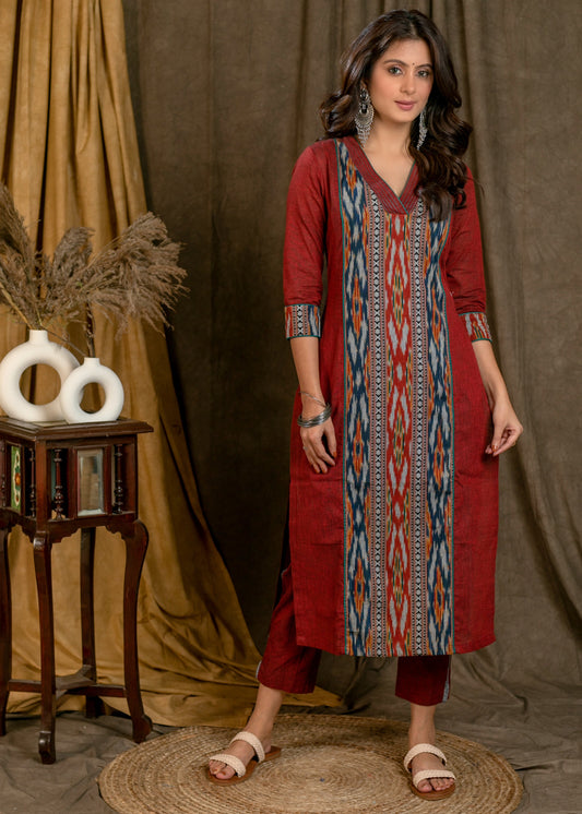 Beautiful Cotton Maroon & Navy Blue Ikat Combination Straight Cut Kurta - Pant Optional