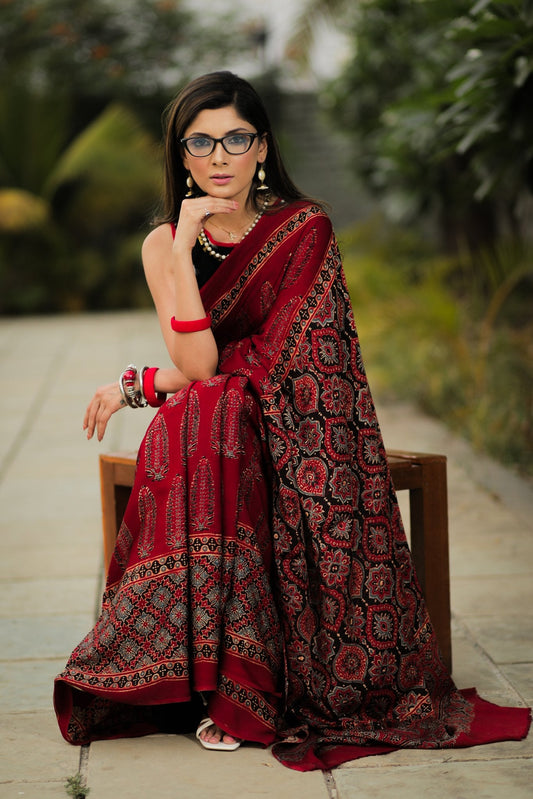 Pure modal silk ajrakh block printed maroon designer saree