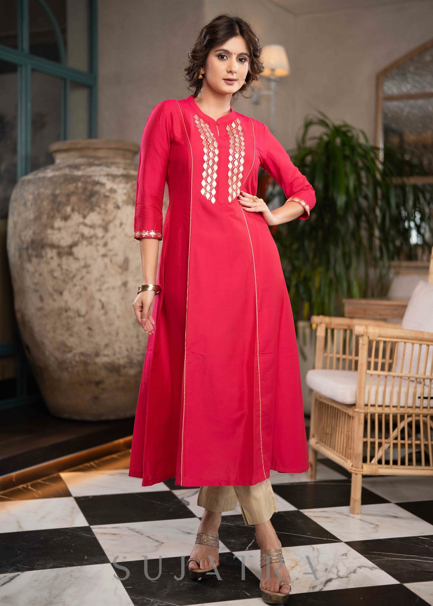 Exclusive Magenta Cotton Silk Kurta With Gota Work On Yoke & Sleeves  - Pant Optional