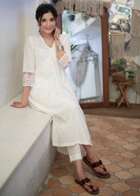 Exclusive White Cotton Kurta with Pintucks on Yoke & Beautiful Lace on Sleeves - Pant Optional