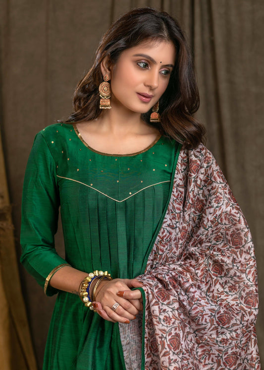 Classy Green Cotton Silk Pleated Kurta Pant Set with Gold Sequence Work On Yoke - Printed Dupatta Optional