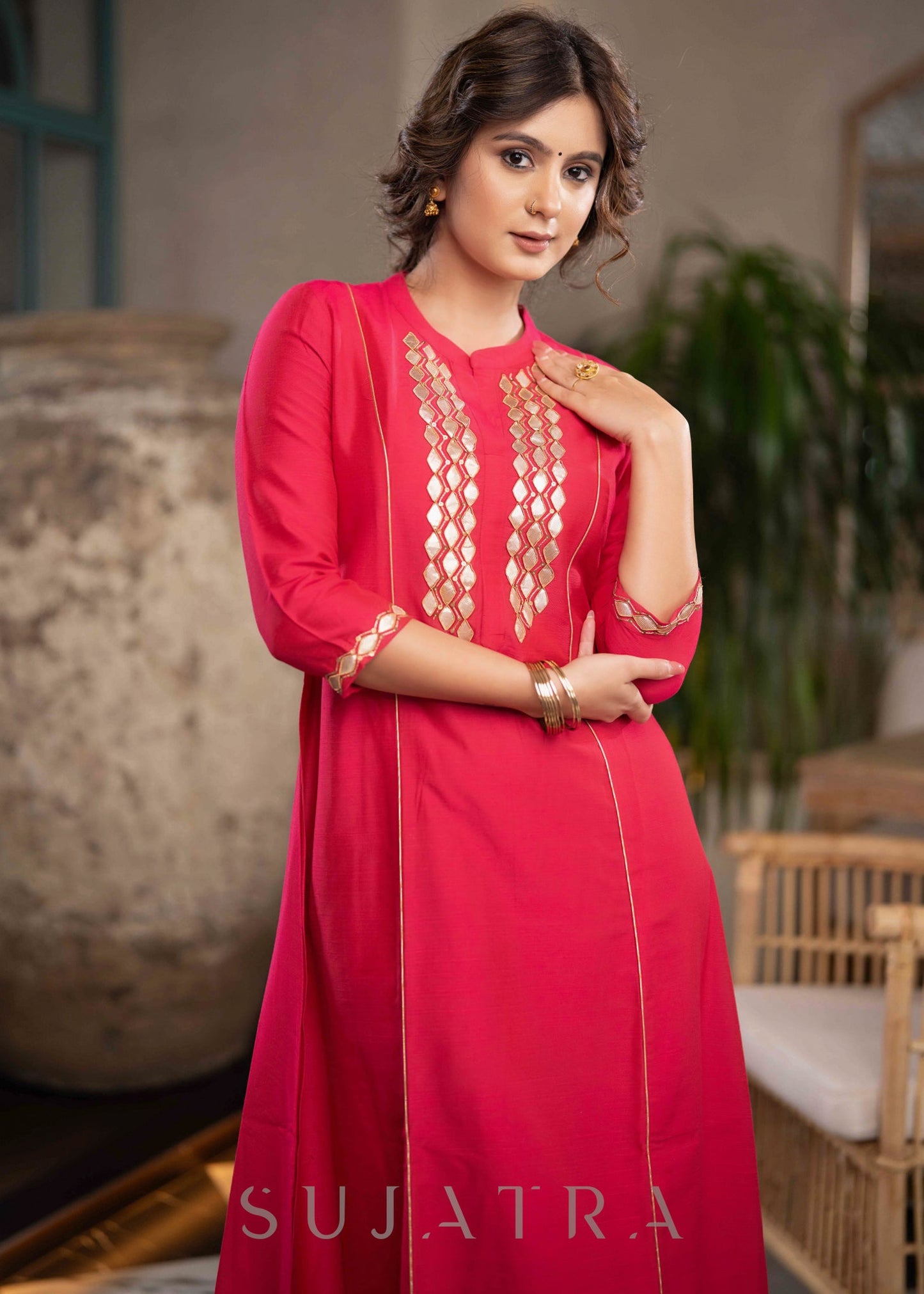 Exclusive Magenta Cotton Silk Kurta With Gota Work On Yoke & Sleeves  - Pant Optional