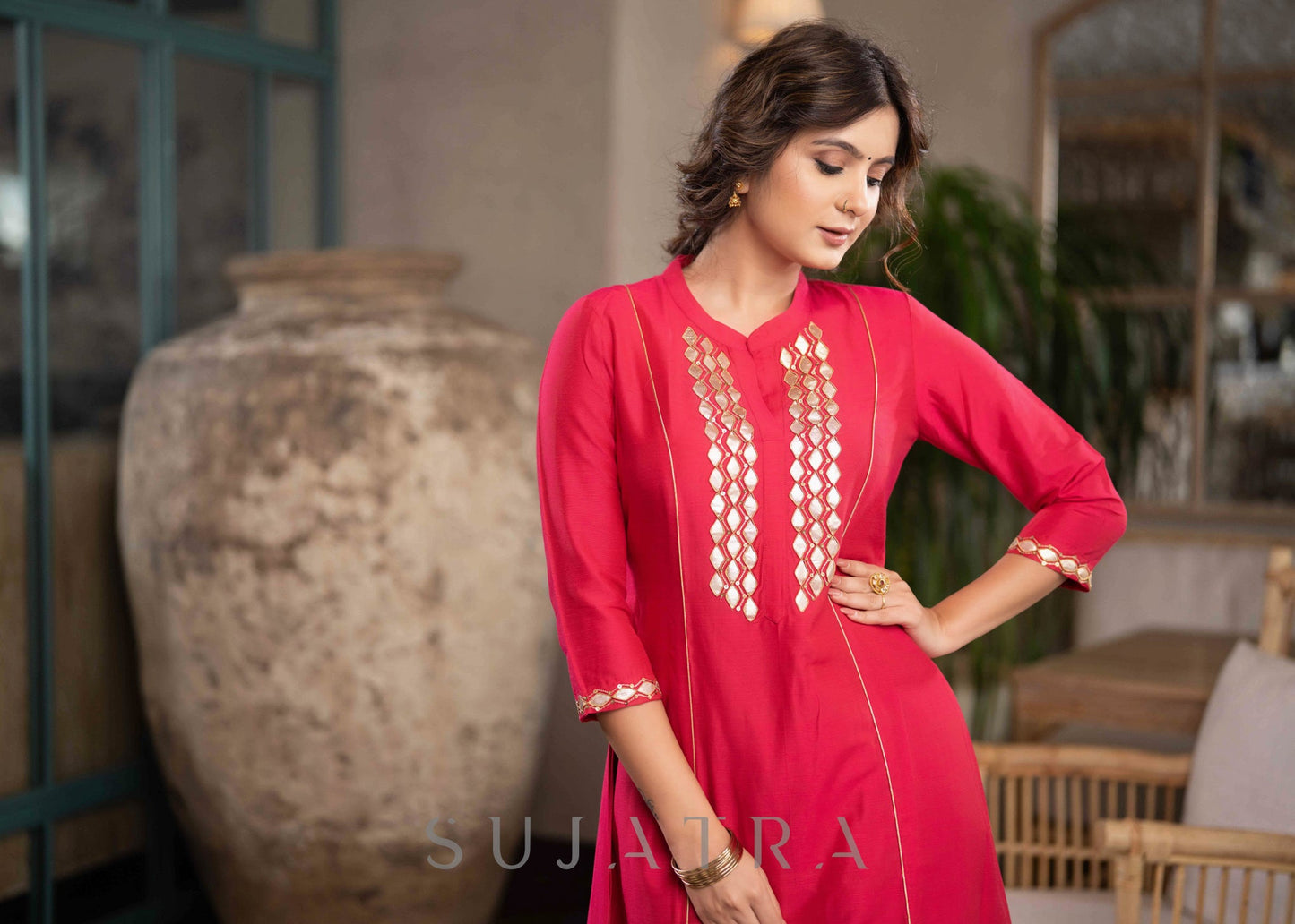 Exclusive Magenta Cotton Silk Kurta With Gota Work On Yoke & Sleeves  - Pant Optional