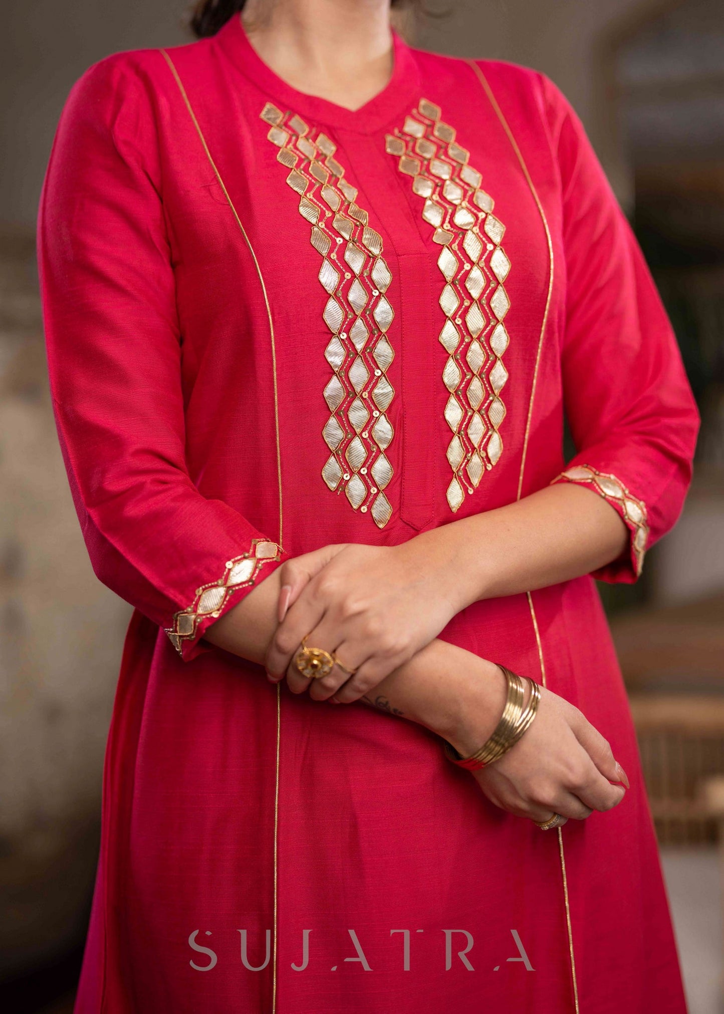 Exclusive Magenta Cotton Silk Kurta With Gota Work On Yoke & Sleeves  - Pant Optional