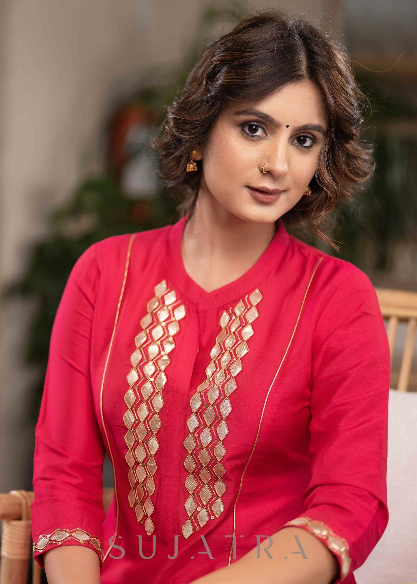 Exclusive Magenta Cotton Silk Kurta With Gota Work On Yoke & Sleeves  - Pant Optional