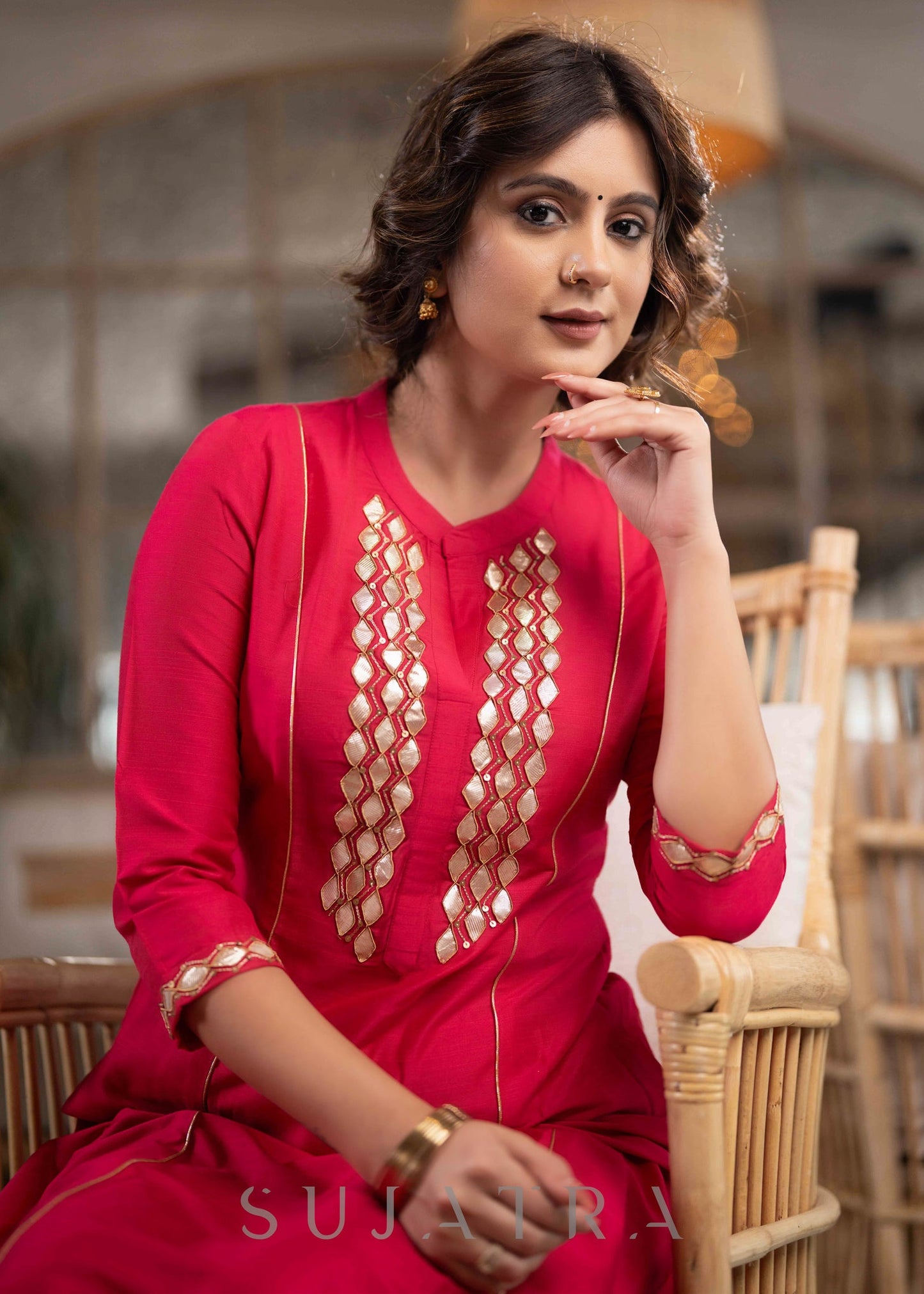 Exclusive Magenta Cotton Silk Kurta With Gota Work On Yoke & Sleeves  - Pant Optional