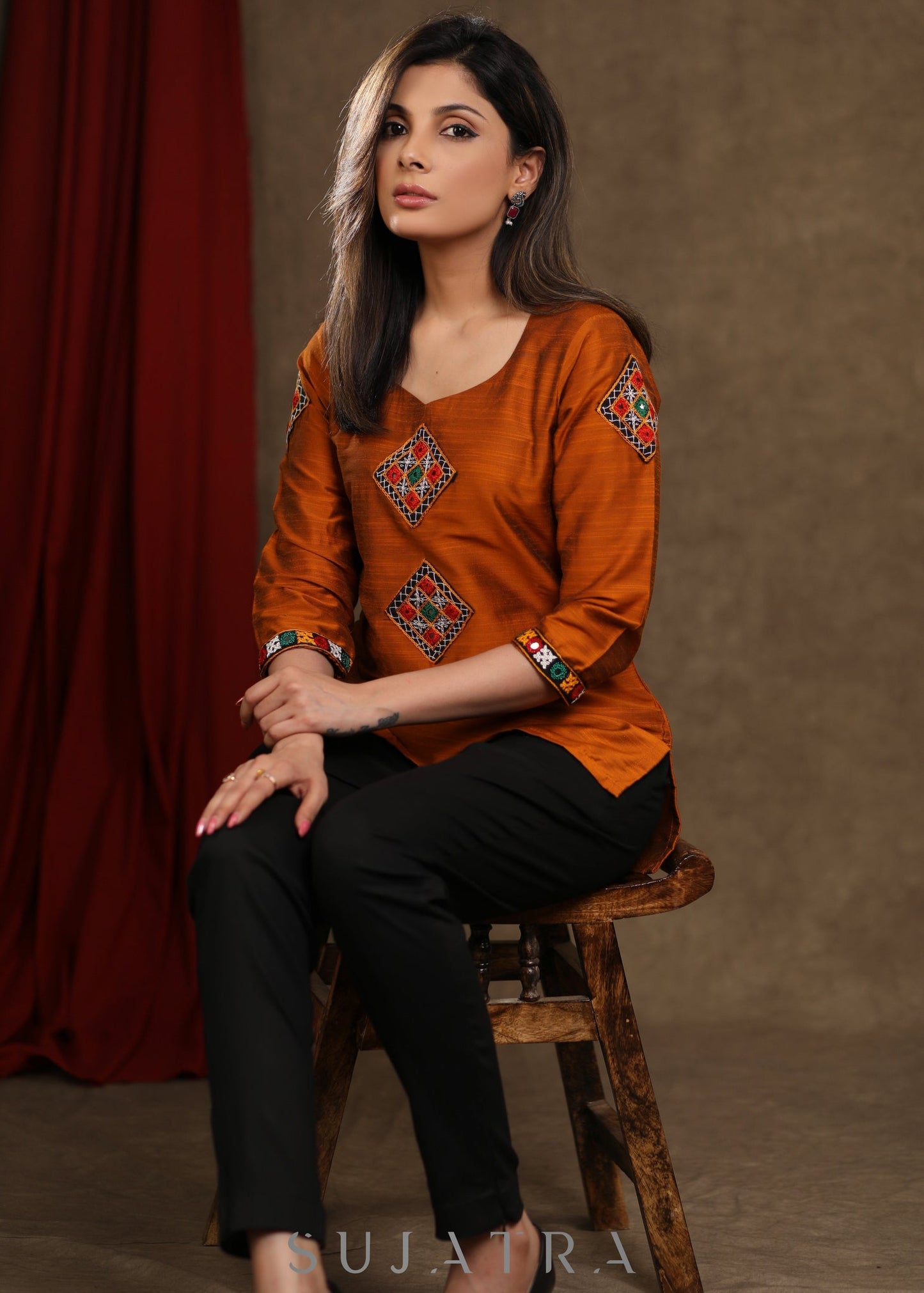 Rust Cotton Silk Top with Kutch Work Patches