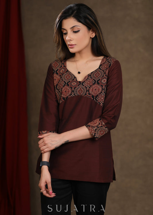 Brown Cotton Silk Ajrakh Combination Top